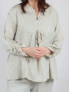 Les Ours Rosanne Gauze Cotton Shirt Blue Stripe Popover Button Front Tie-Large